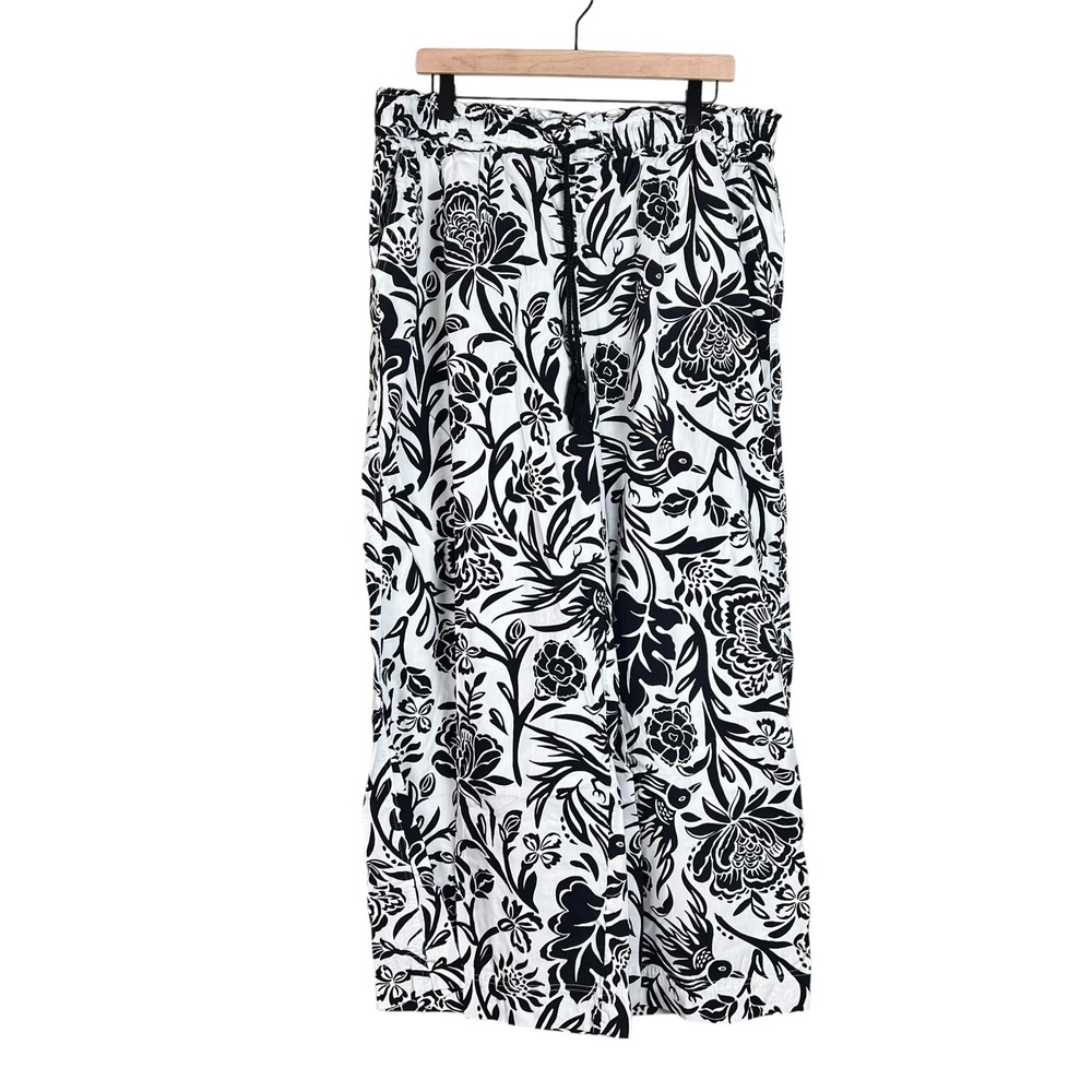 Knox Rose Womens XL Floral Bird Print Wide Leg Pants Black White Boho Tassel